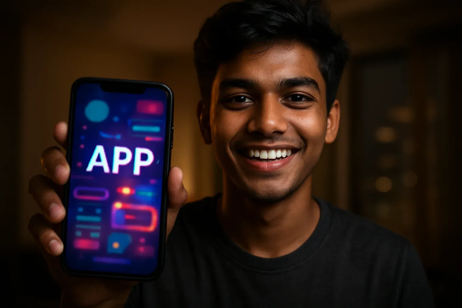 Young Bangladeshi man smiling, holding smartphone with colorful gaming app screen