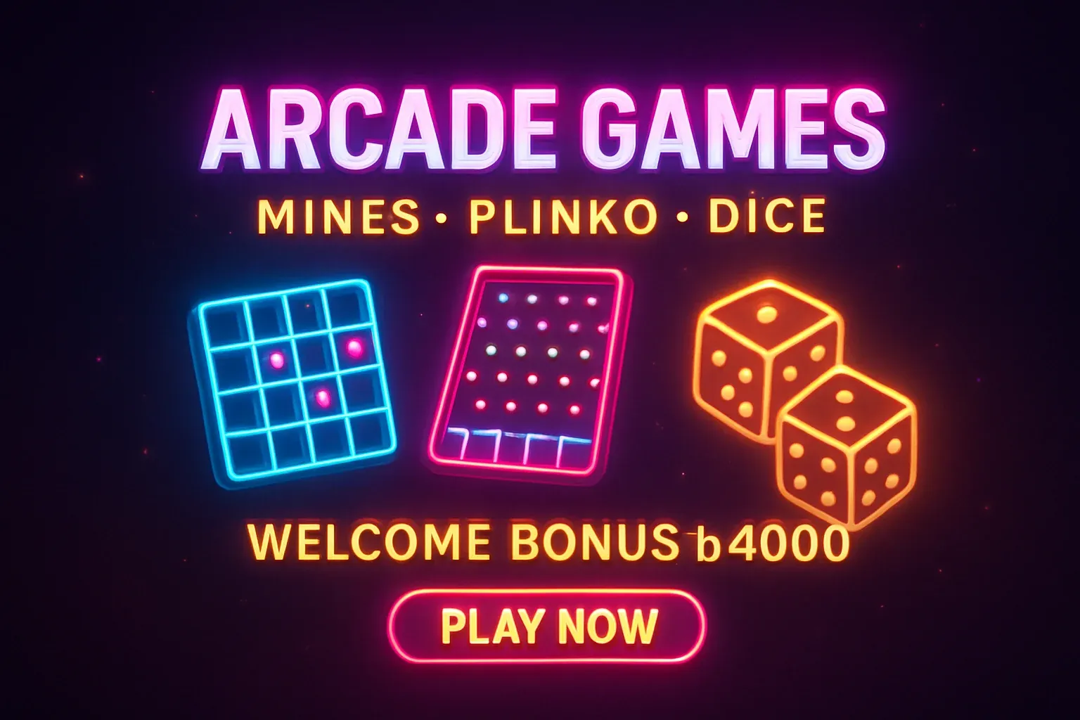 Neon arcade games banner with mines, plinko, dice, and play button