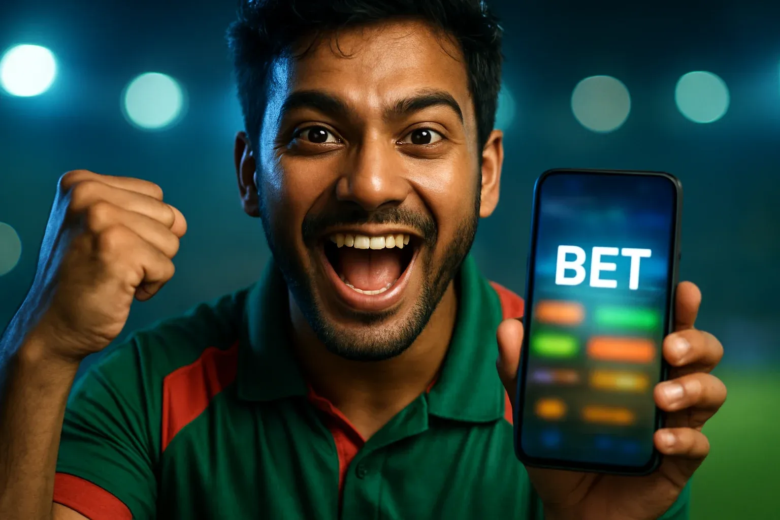 Excited Bangladeshi man holding smartphone with sports betting screen saying BET