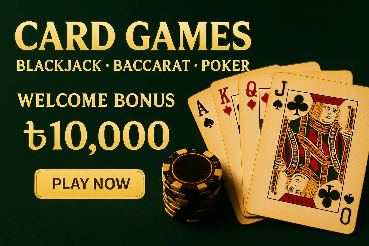 Card games banner with playing cards, chips, bonus, and play button