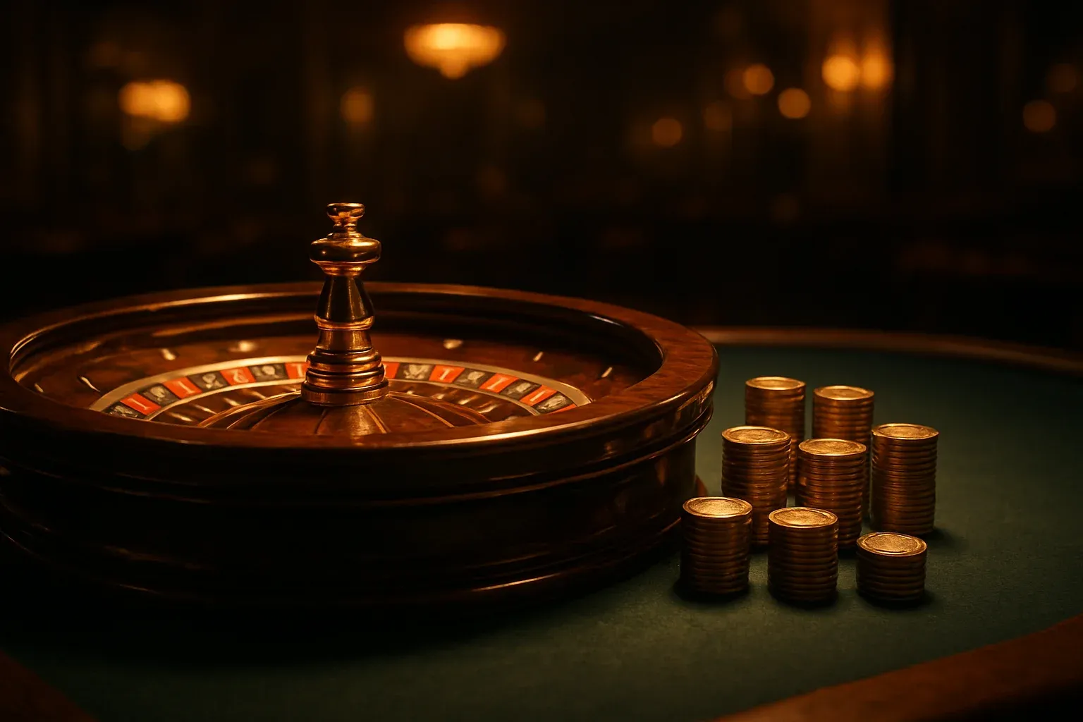 Elegant live casino table with glowing roulette wheel and golden chips