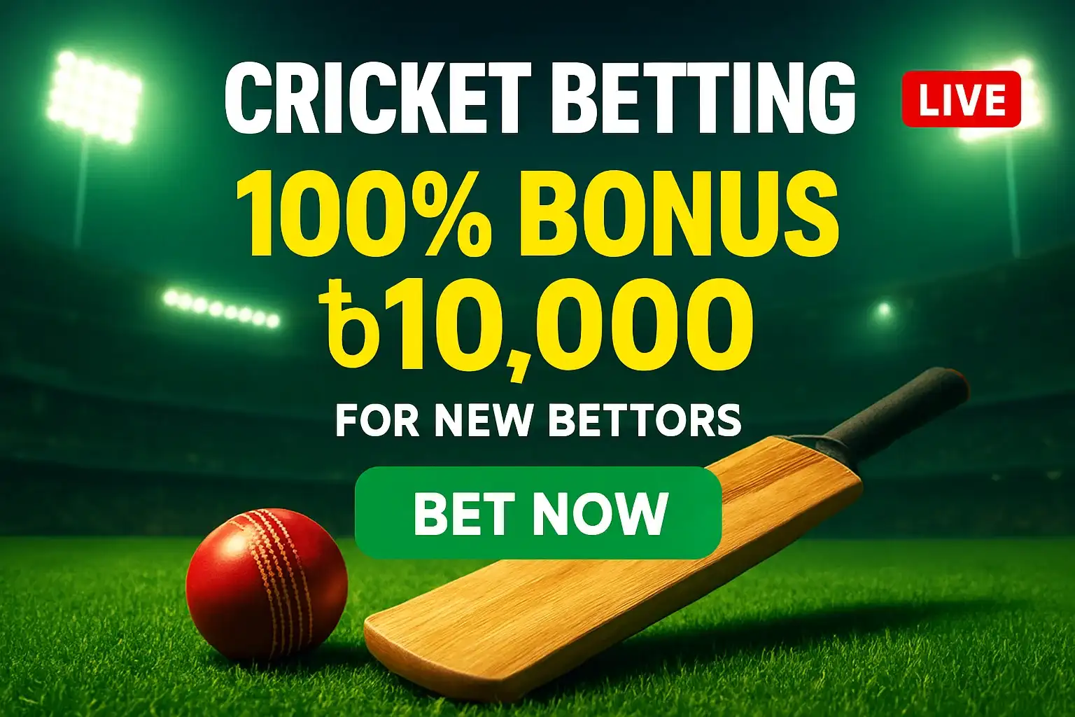 Cricket betting banner with stadium, bat, ball, bonus, and CTA