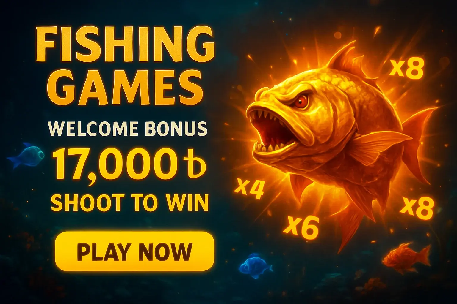 Fishing arcade banner with glowing fish, golden boss fish, bonus offer