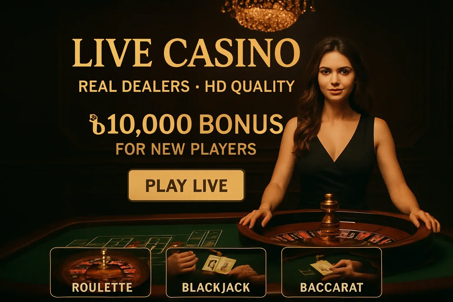 Luxury live casino banner with female dealer, roulette, Bangladesh bonus offer