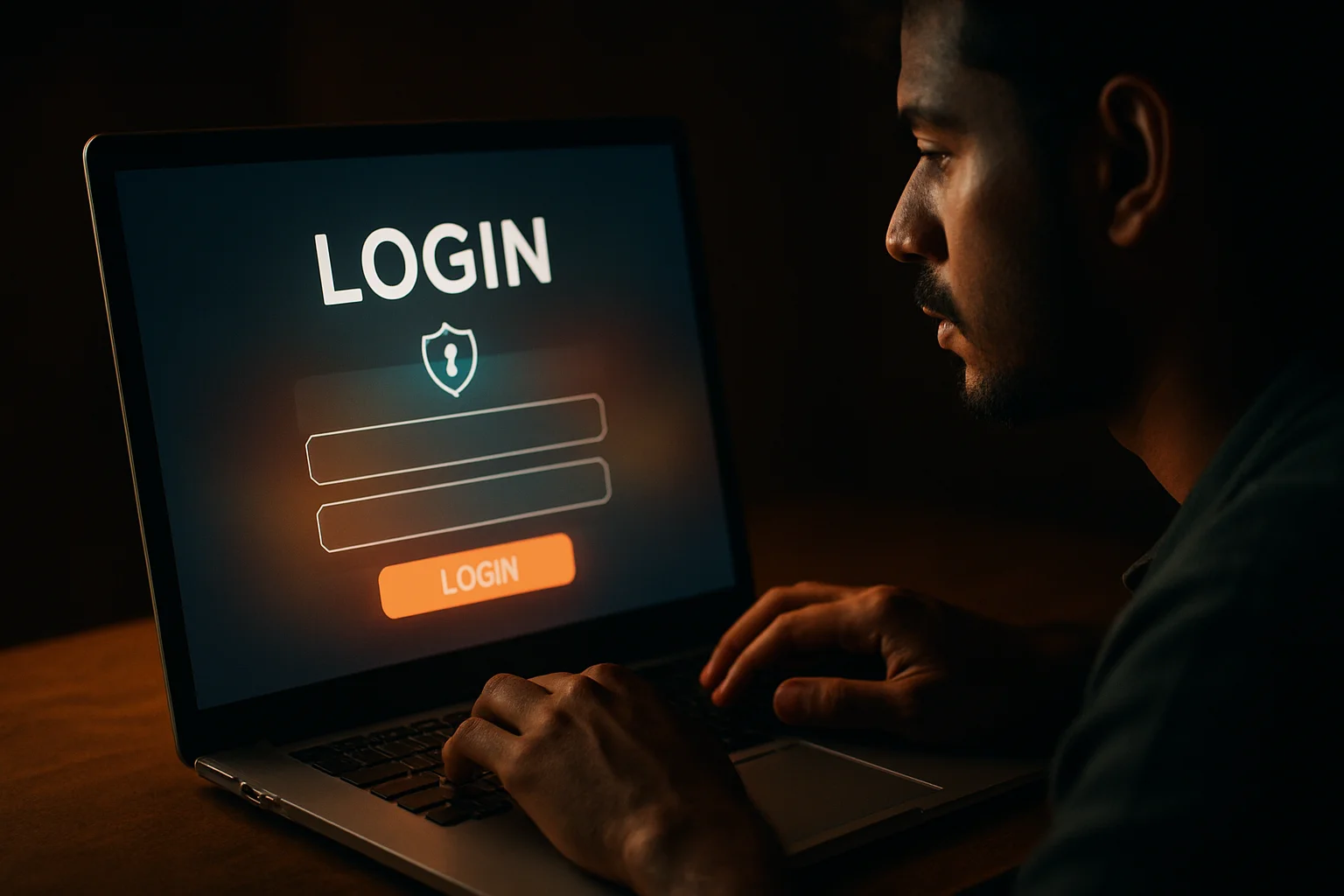 Young Bangladeshi man's hands on laptop showing LOGIN sign-in screen