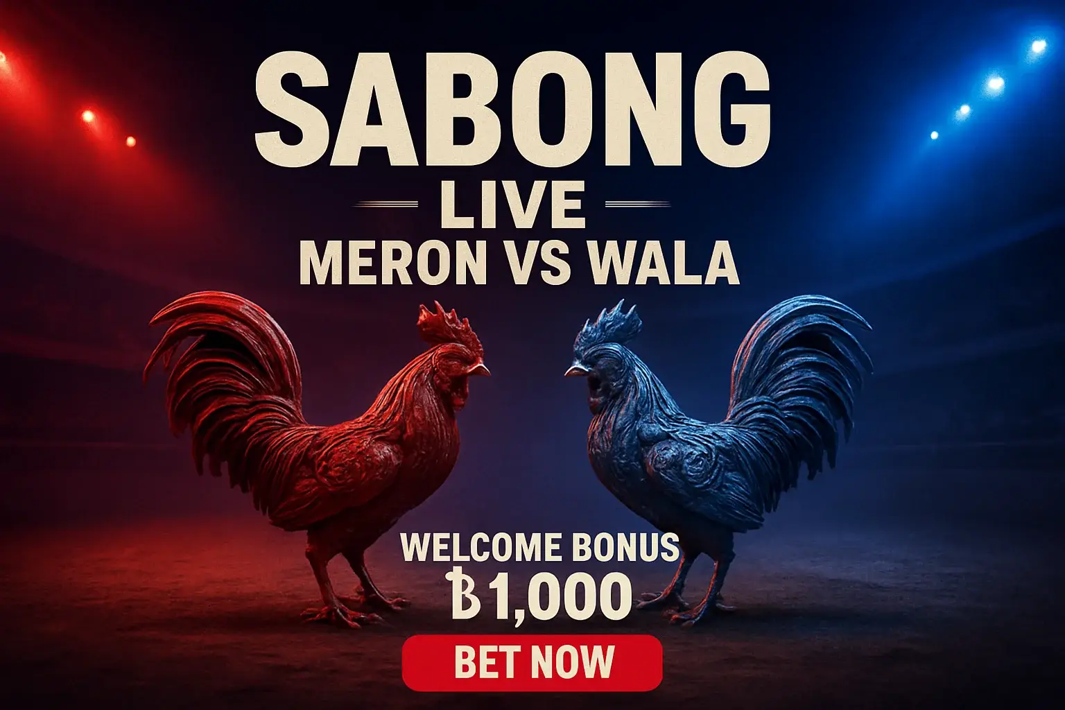 Live sabong banner with decorative rooster figurines and bonus offer