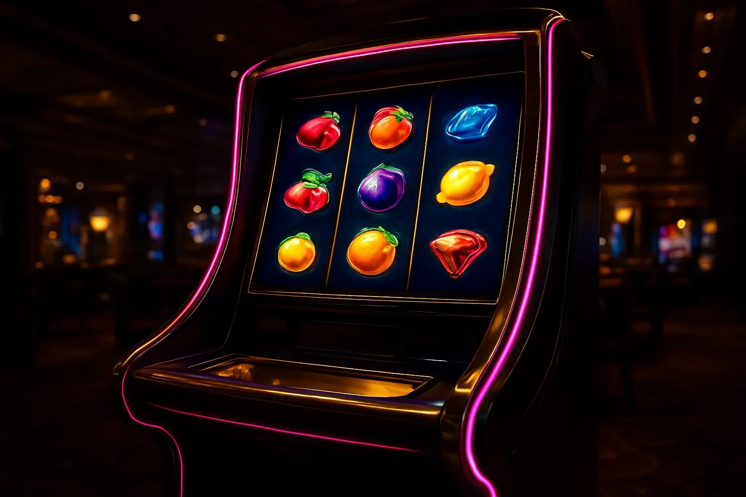 Hyperrealistic premium slot machine with three vertical reels in luxury casino